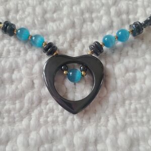 Hematite Vintage Beaded Heart Necklace with Blue Accents